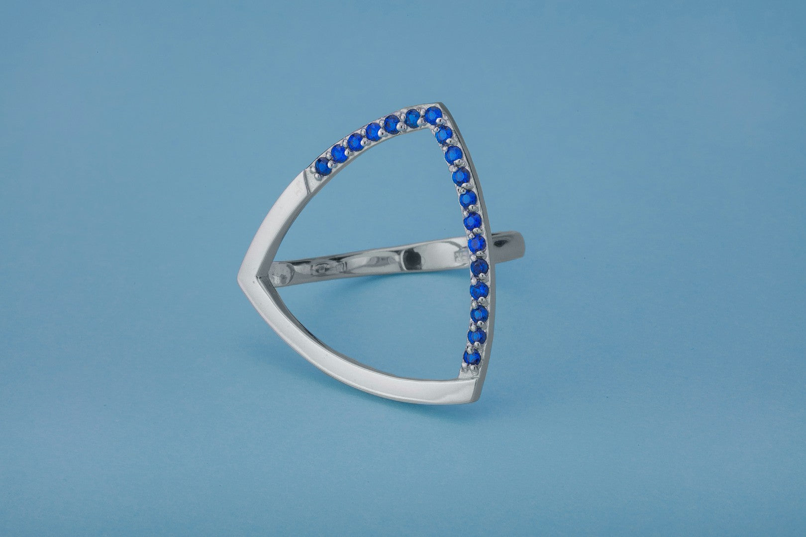 Simple Triangular Ring with Blue Gems, Rhodium Plated 925 Silver - vikingworkshop