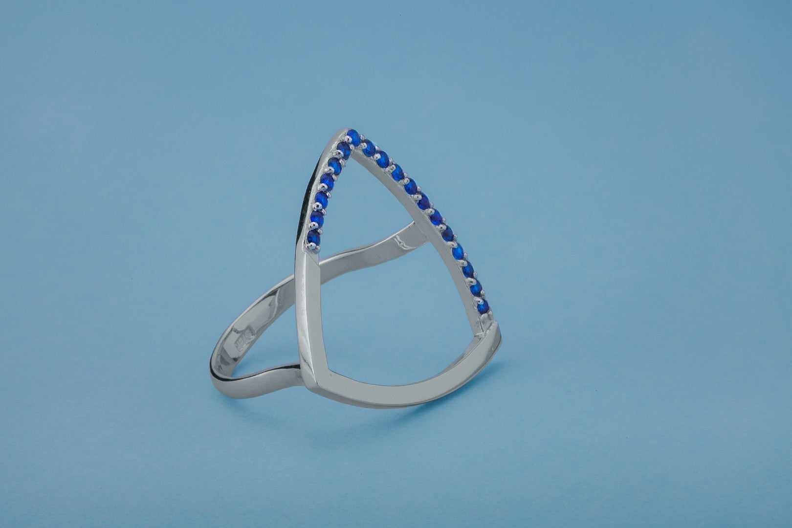 Simple Triangular Ring with Blue Gems, Rhodium Plated 925 Silver - vikingworkshop