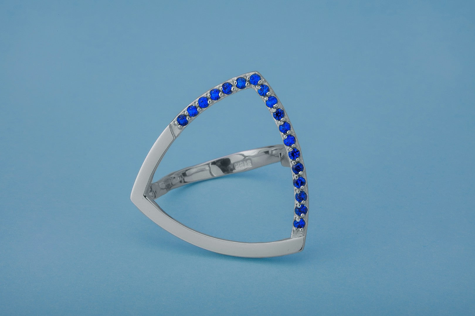 Simple Triangular Ring with Blue Gems, Rhodium Plated 925 Silver - vikingworkshop