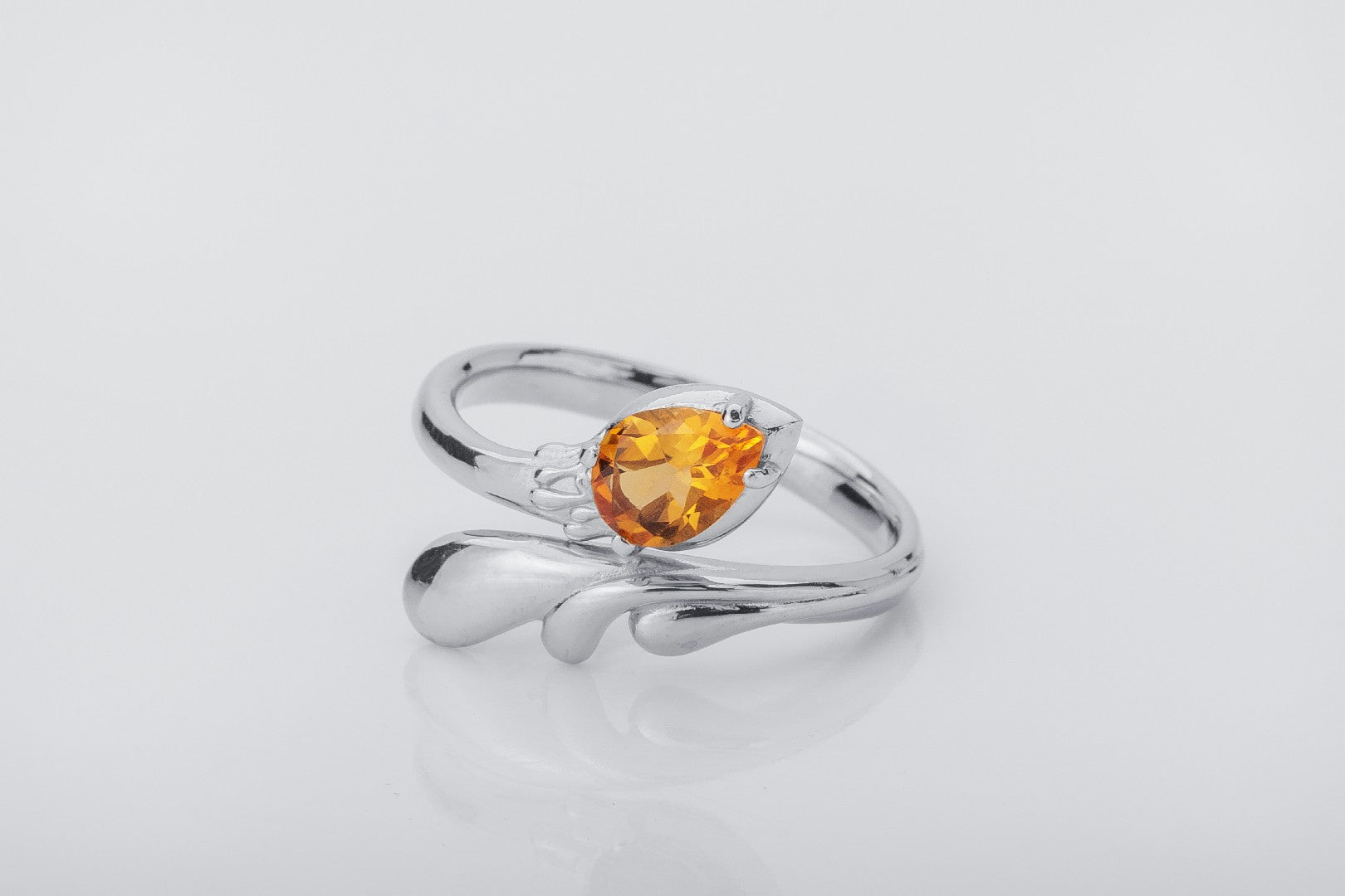 Candle Flame Citrine Ring, Rhodium plated 925 silver
