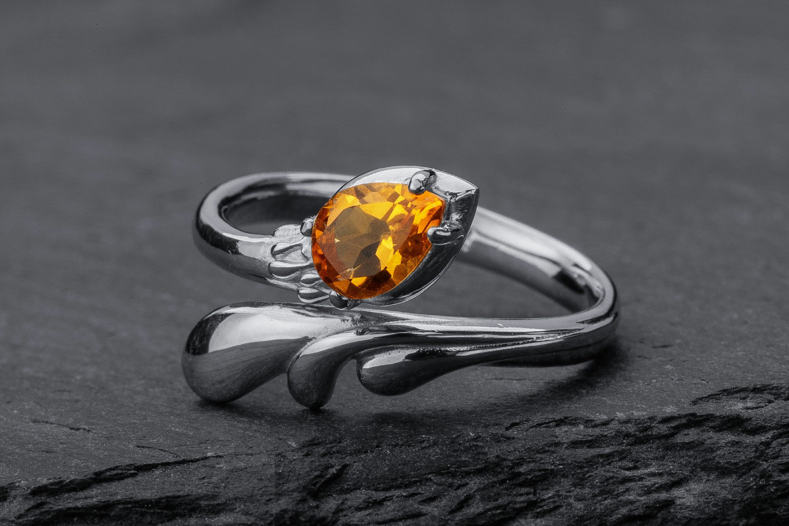 Candle Flame Citrine Ring, Rhodium plated 925 silver - vikingworkshop