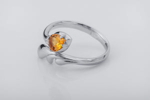 Candle Flame Citrine Ring, Rhodium plated 925 silver - vikingworkshop