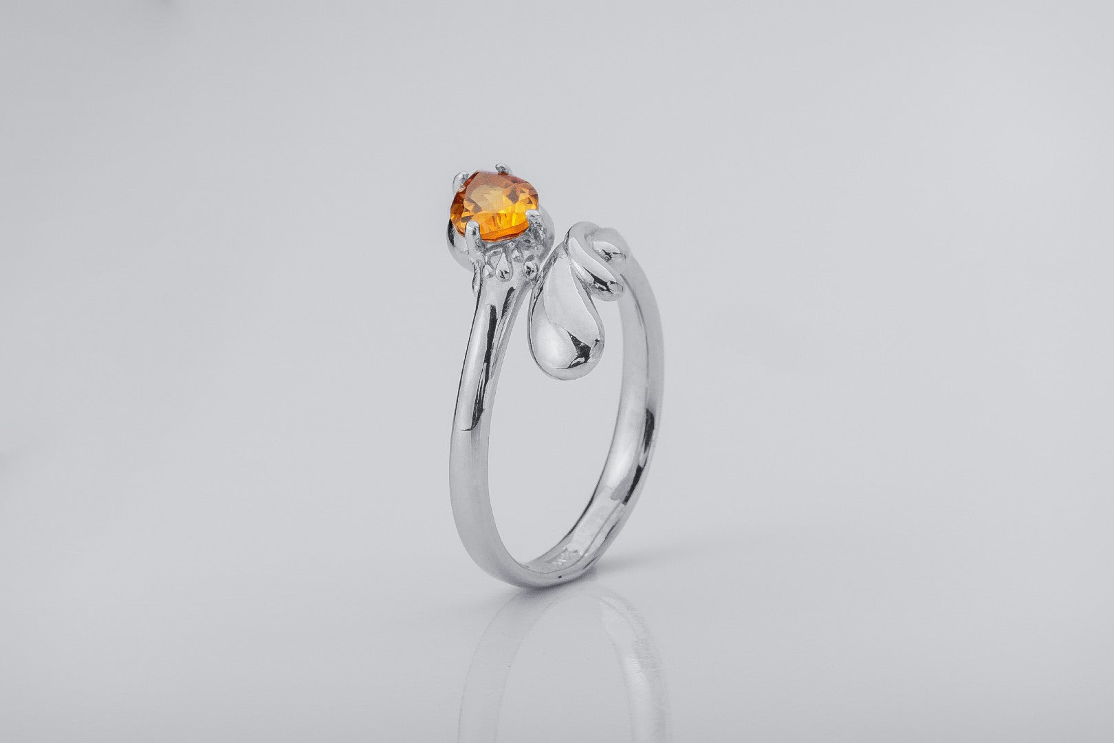 Candle Flame Citrine Ring, Rhodium plated 925 silver - vikingworkshop