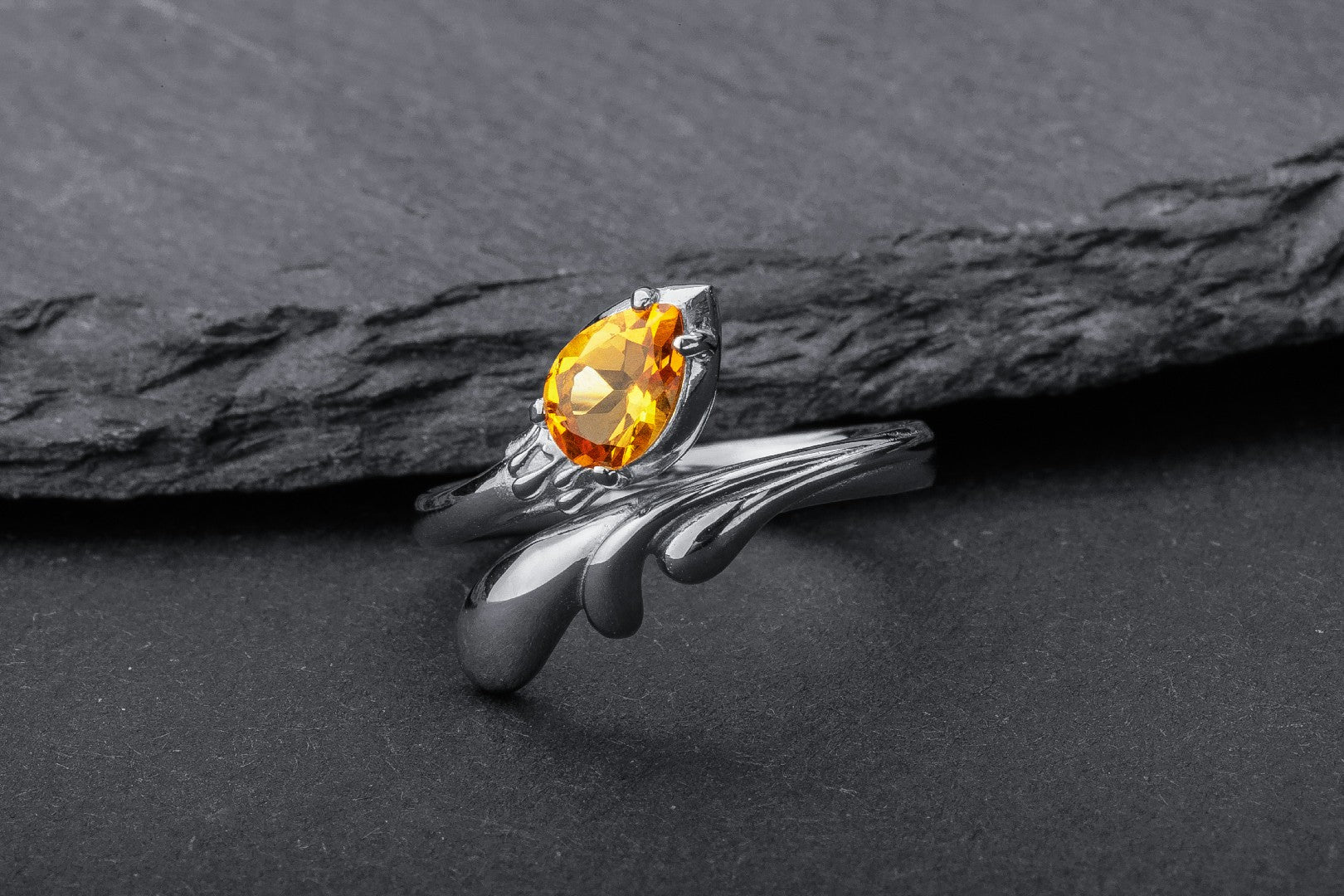 Candle Flame Citrine Ring, Rhodium plated 925 silver - vikingworkshop