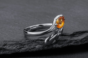 Candle Flame Citrine Ring, Rhodium plated 925 silver - vikingworkshop