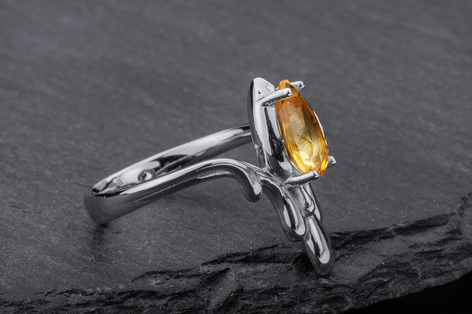 Candle Light Ring with Citrine, Rhodium plated 925 silver - vikingworkshop