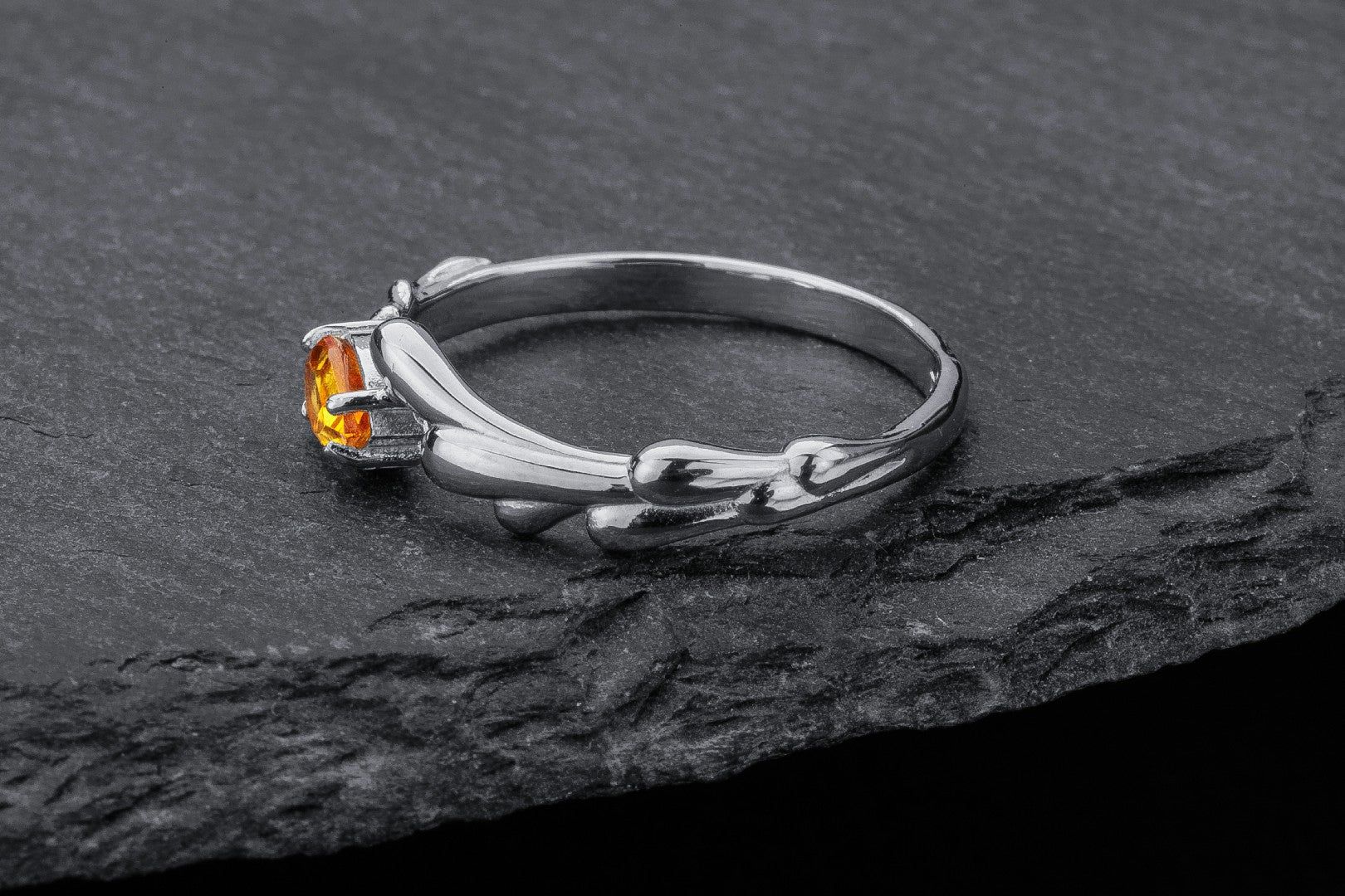 Candle Statement ring With Citrine, Rhodium plated 925 silver - vikingworkshop