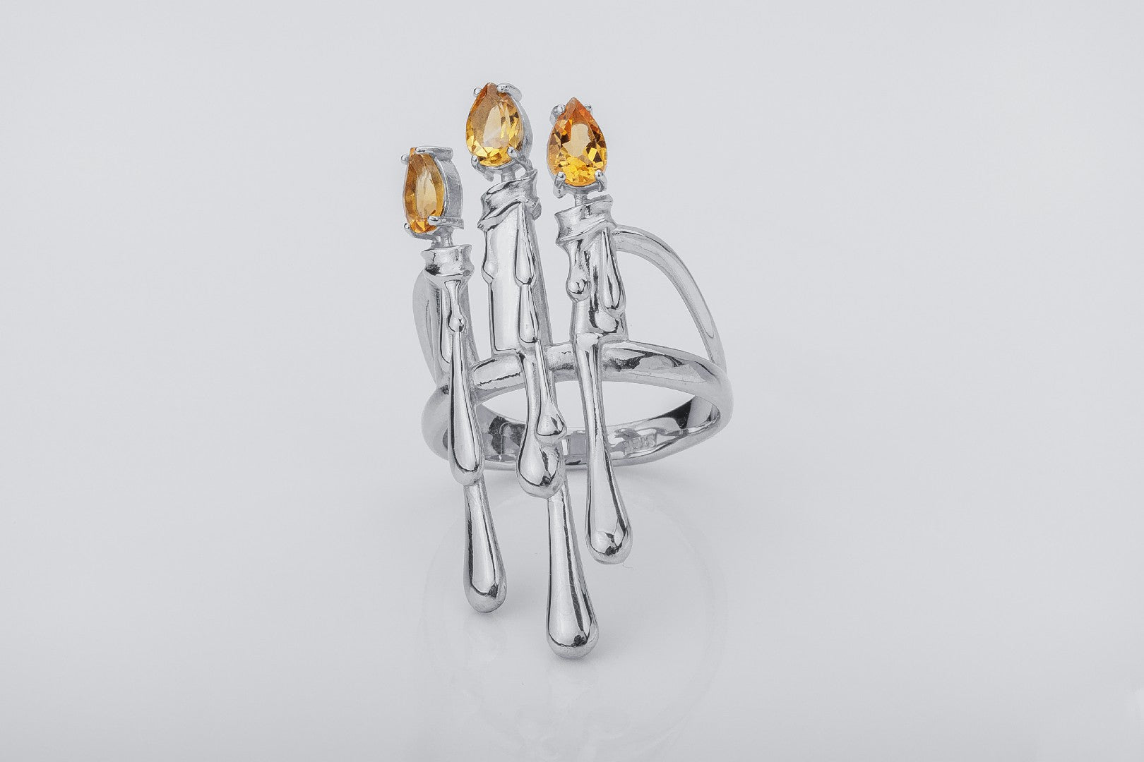 Candle Stand Ring with Citrine gems, Rhodium plated 925 silver