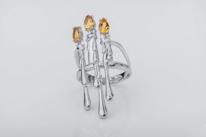 Candle Stand Ring with Citrine gems, Rhodium plated 925 silver - vikingworkshop