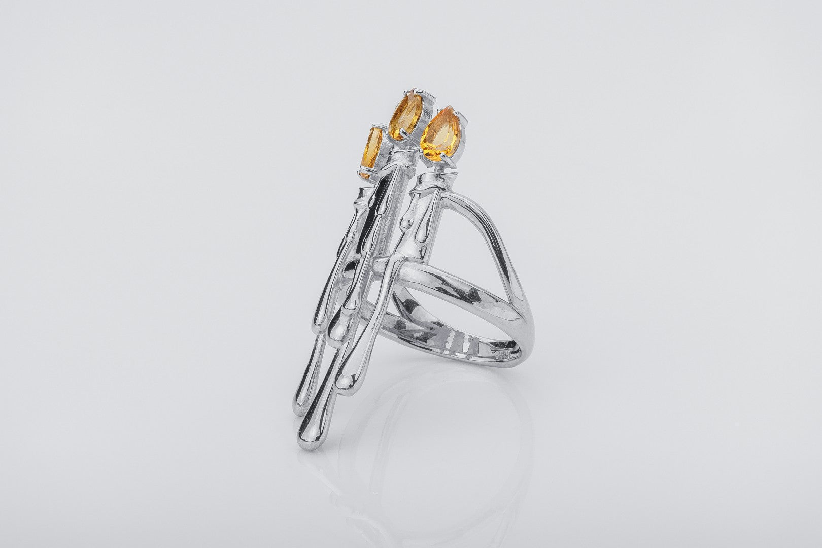 Candle Stand Ring with Citrine gems, Rhodium plated 925 silver