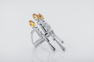 Candle Stand Ring with Citrine gems, Rhodium plated 925 silver - vikingworkshop