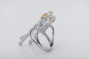 Candle Stand Ring with Citrine gems, Rhodium plated 925 silver - vikingworkshop