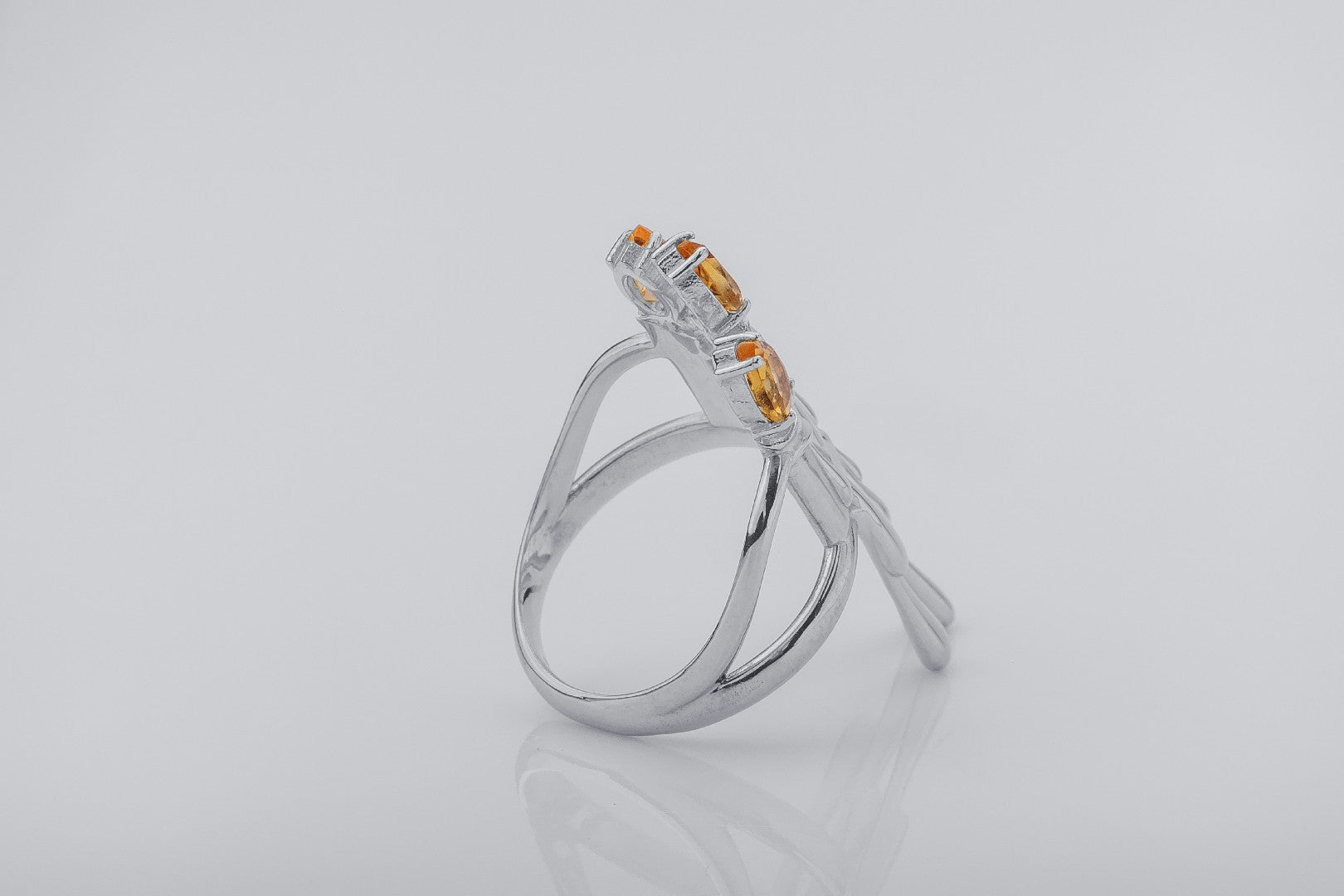 Candle Stand Ring with Citrine gems, Rhodium plated 925 silver - vikingworkshop