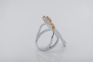 Candle Stand Ring with Citrine gems, Rhodium plated 925 silver - vikingworkshop