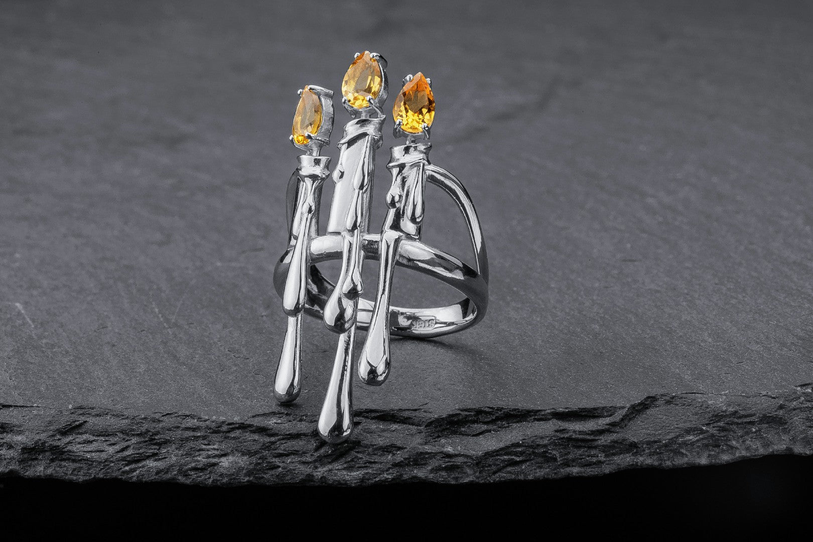 Candle Stand Ring with Citrine gems, Rhodium plated 925 silver - vikingworkshop