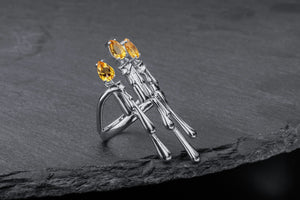 Candle Stand Ring with Citrine gems, Rhodium plated 925 silver - vikingworkshop