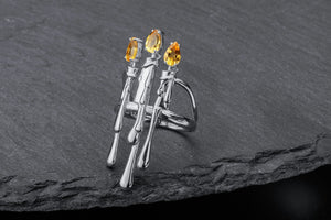 Candle Stand Ring with Citrine gems, Rhodium plated 925 silver - vikingworkshop