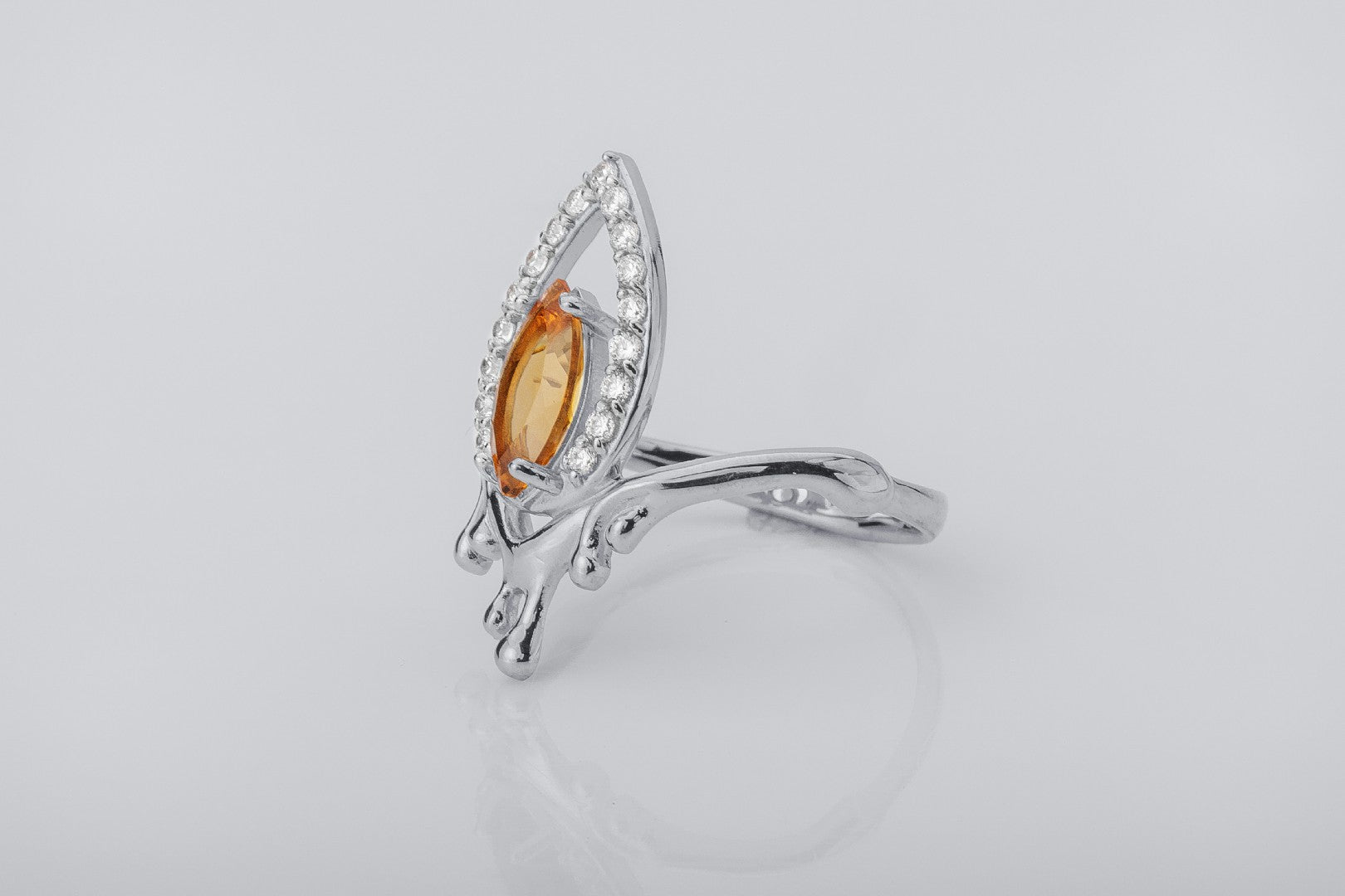 Candle Flame Ring with Citrine and CZ gems, Rhodium plated 925 silver