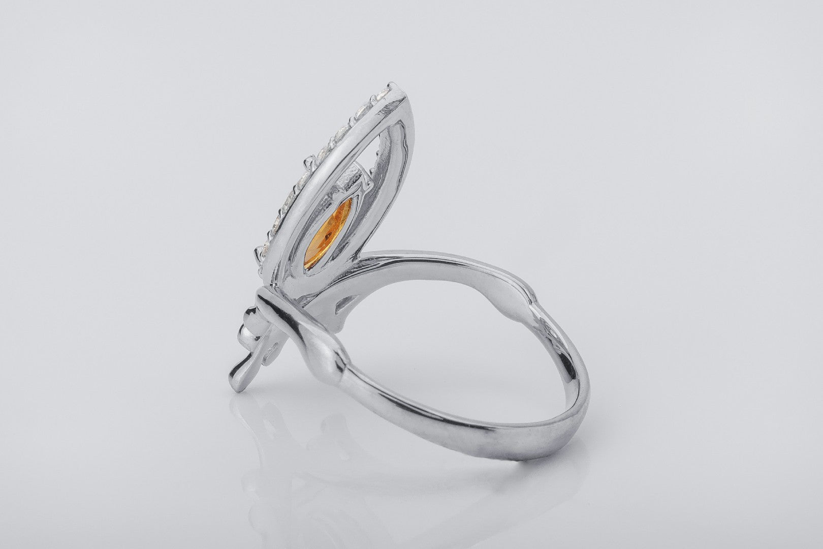Candle Flame Ring with Citrine and CZ gems, Rhodium plated 925 silver - vikingworkshop