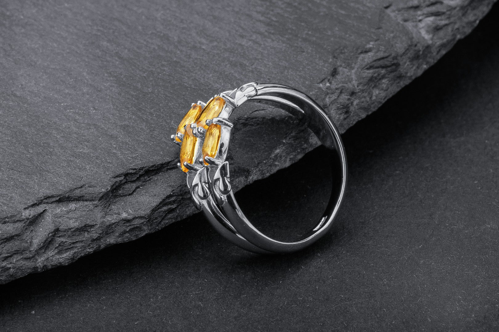 Citrine Candles Ring, Rhodium plated 925 silver - vikingworkshop