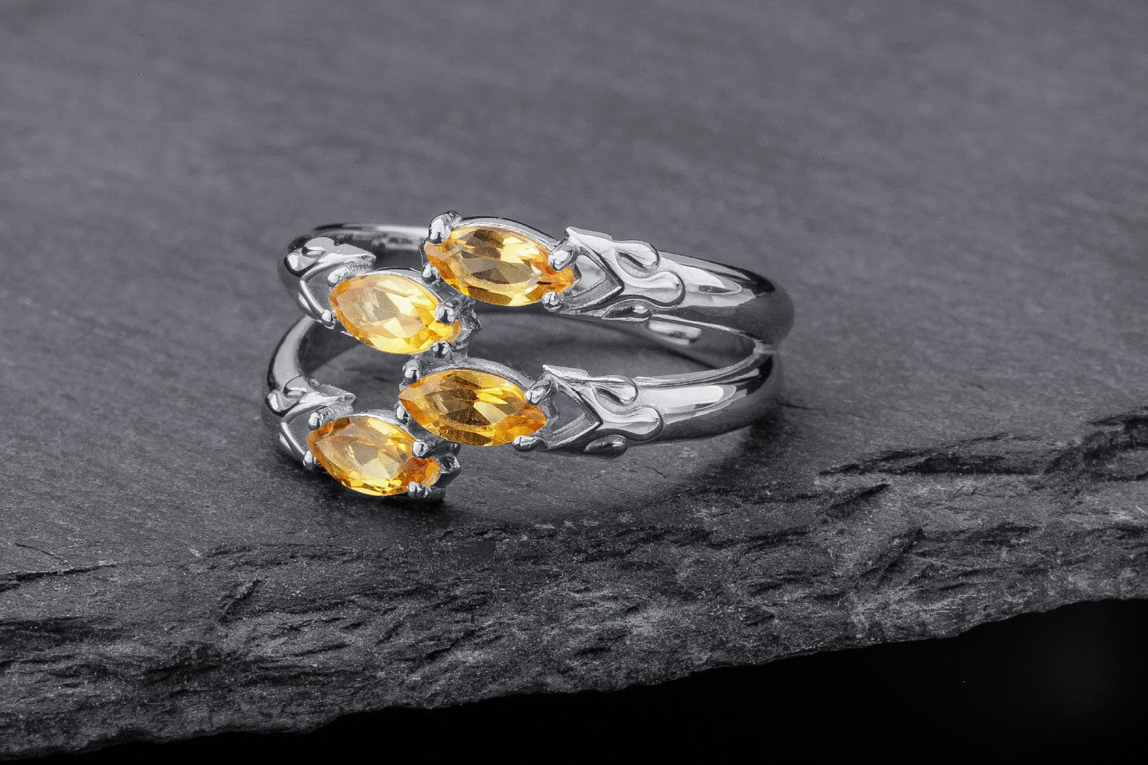 Citrine Candles Ring, Rhodium plated 925 silver - vikingworkshop