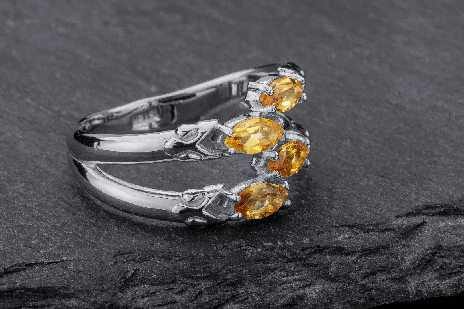 Citrine Candles Ring, Rhodium plated 925 silver - vikingworkshop