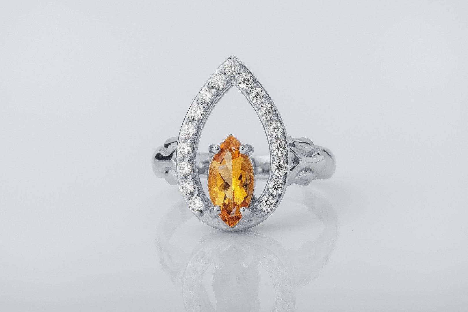 Candle Halo Flame ring with Citrine, Rhodium plated 925 silver