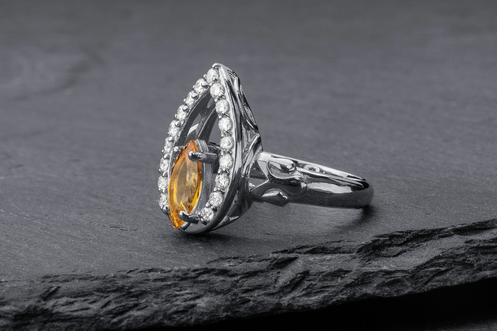 Candle Halo Flame ring with Citrine, Rhodium plated 925 silver - vikingworkshop