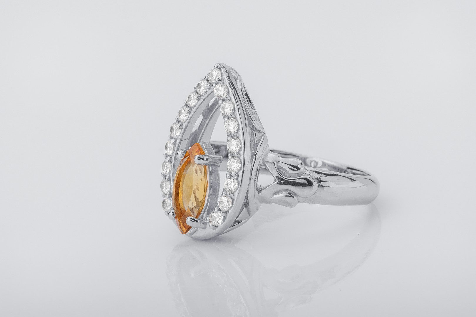 Candle Halo Flame ring with Citrine, Rhodium plated 925 silver