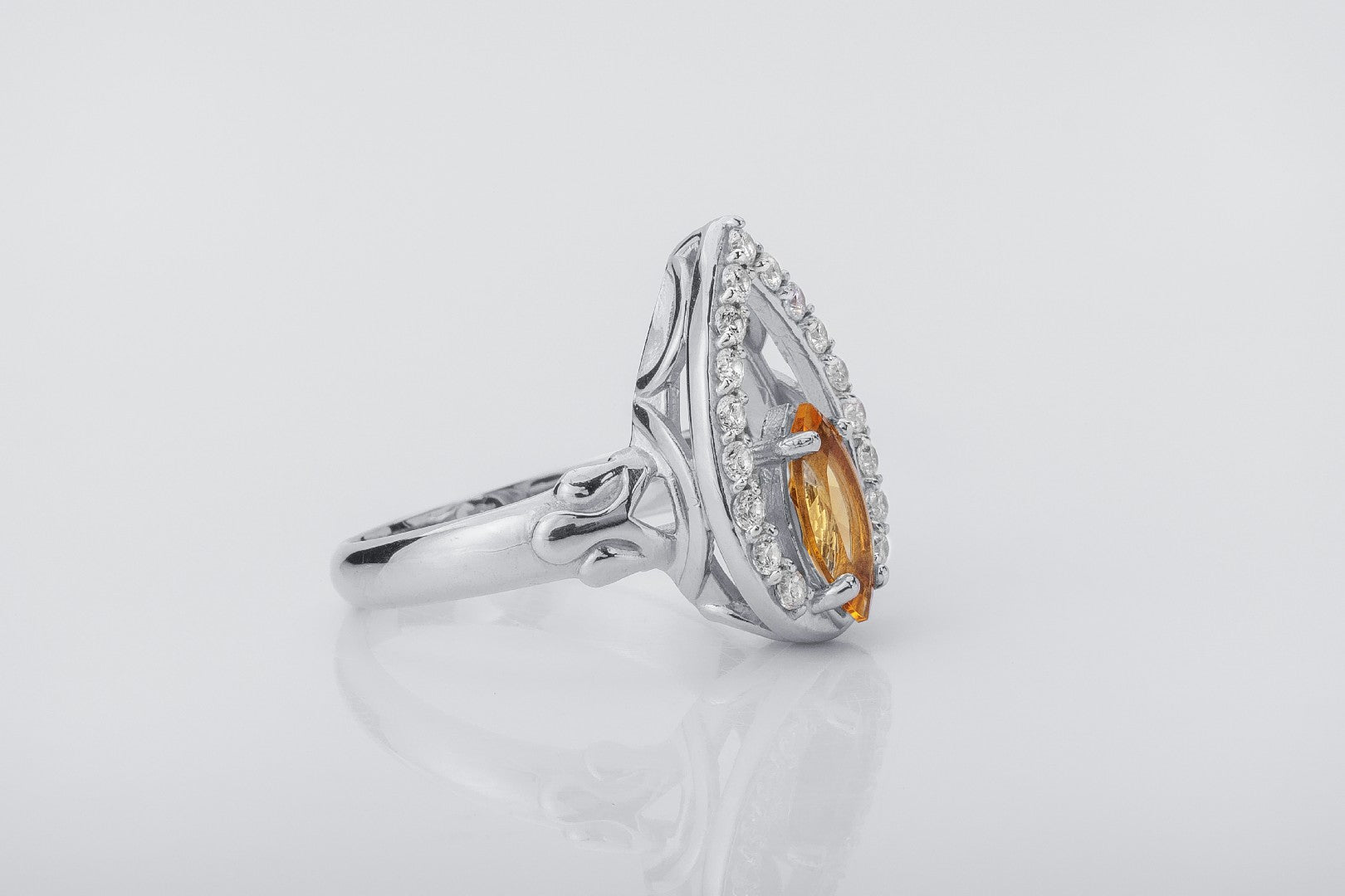 Candle Halo Flame ring with Citrine, Rhodium plated 925 silver - vikingworkshop