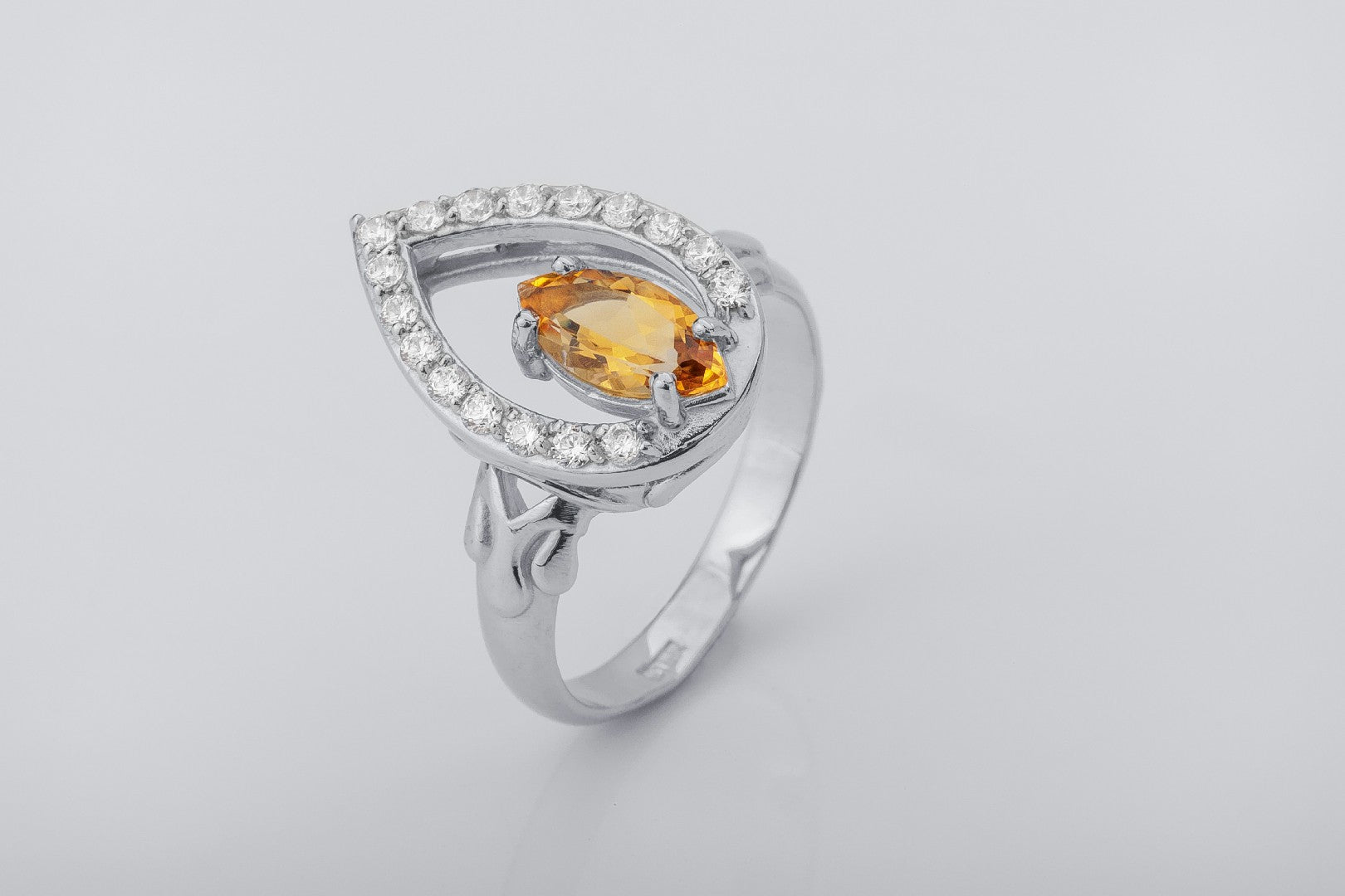 Candle Halo Flame ring with Citrine, Rhodium plated 925 silver - vikingworkshop