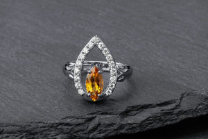 Candle Halo Flame ring with Citrine, Rhodium plated 925 silver - vikingworkshop