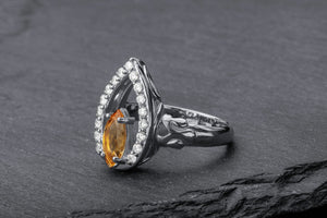 Candle Halo Flame ring with Citrine, Rhodium plated 925 silver - vikingworkshop