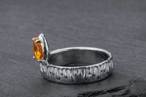 Candle Light Citrine Ring with Molten Wax, Rhodium plated 925 silver - vikingworkshop