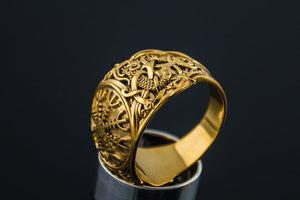 14K Gold Helm of Awe Ring with Mammen Ornament Viking Jewelry - vikingworkshop