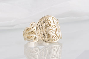 Unique 14k Gold Ring With Raven and Ornament, handmade jewelry - vikingworkshop