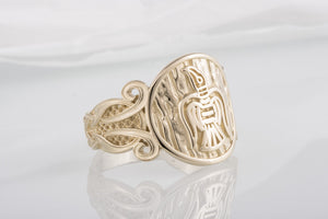 Unique 14k Gold Ring With Raven and Ornament, handmade jewelry - vikingworkshop