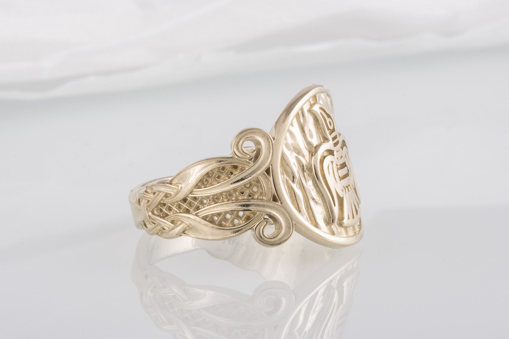 Unique 14k Gold Ring With Raven and Ornament, handmade jewelry - vikingworkshop