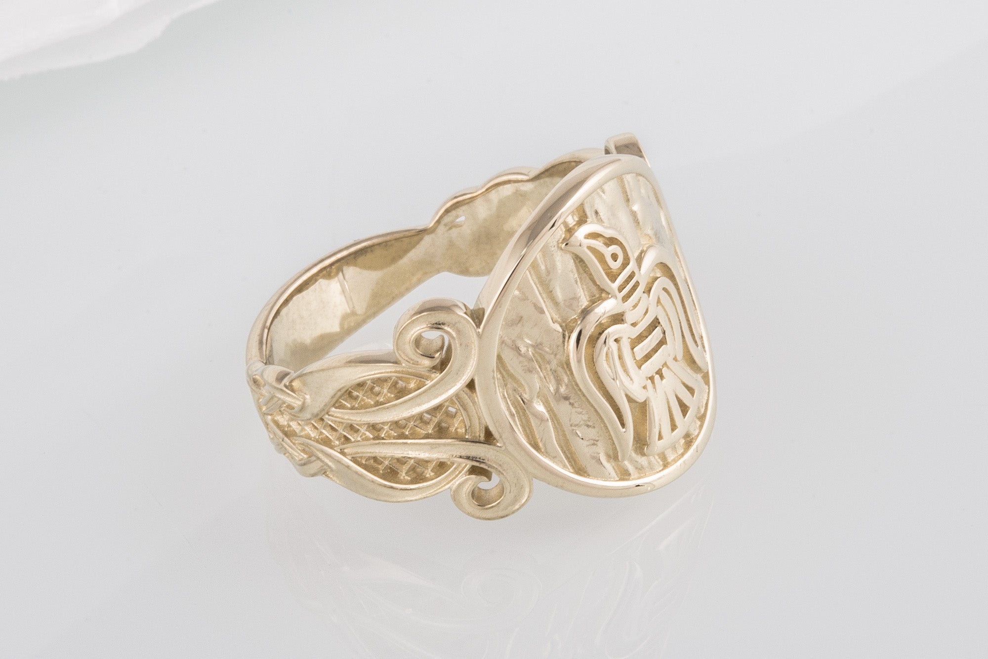 Unique 14k Gold Ring With Raven and Ornament, handmade jewelry - vikingworkshop