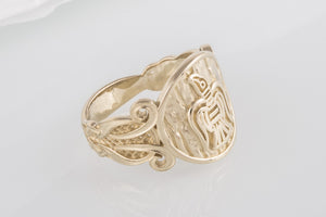 Unique 14k Gold Ring With Raven and Ornament, handmade jewelry - vikingworkshop