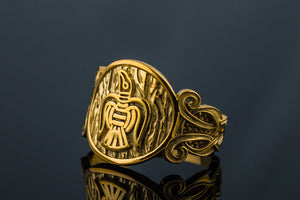 Unique 14k Gold Ring With Raven and Ornament, handmade jewelry - vikingworkshop