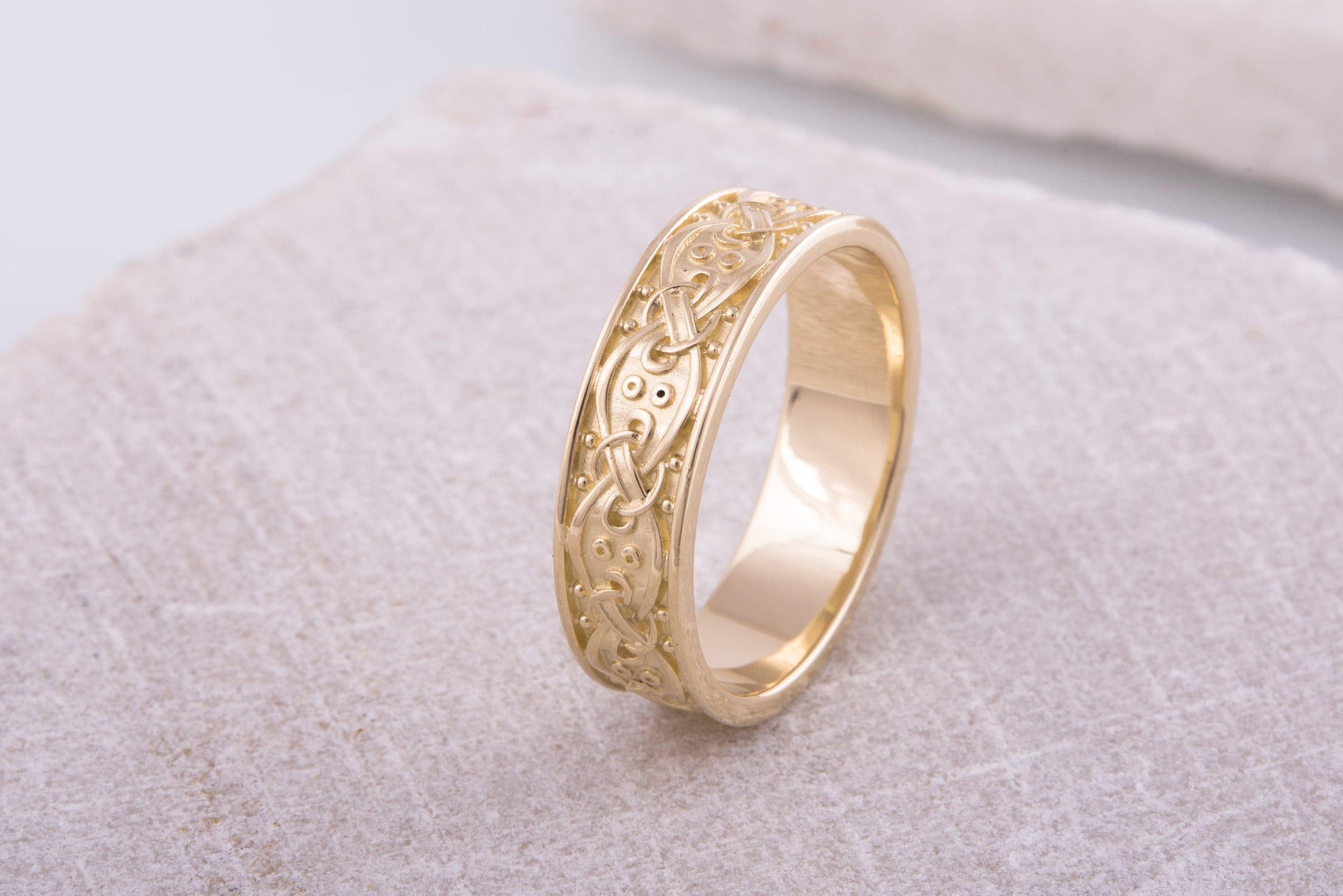 14K Gold Viking Ring with Scandinavian Ornament Unique Jewelry - vikingworkshop