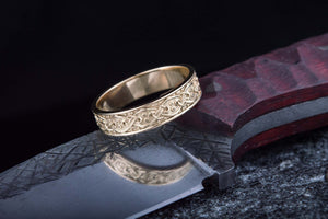 14K Gold Viking Ring with Scandinavian Ornament Unique Jewelry - vikingworkshop