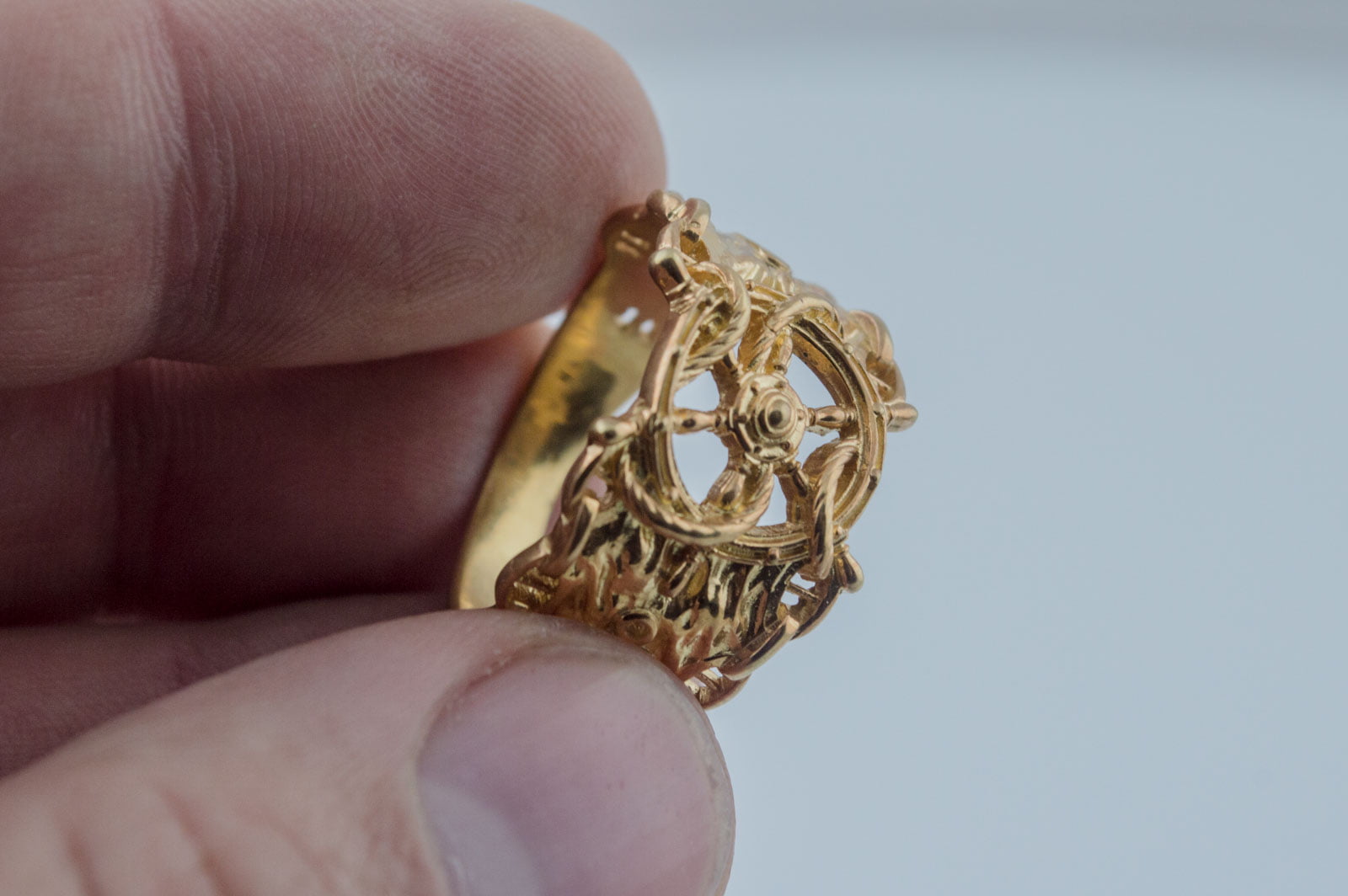 Ship Steering Wheel Symbol Ring with Anchor and Chain Gold Unique Jewelry - vikingworkshop