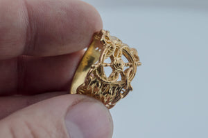 Ship Steering Wheel Symbol Ring with Anchor and Chain Gold Unique Jewelry - vikingworkshop