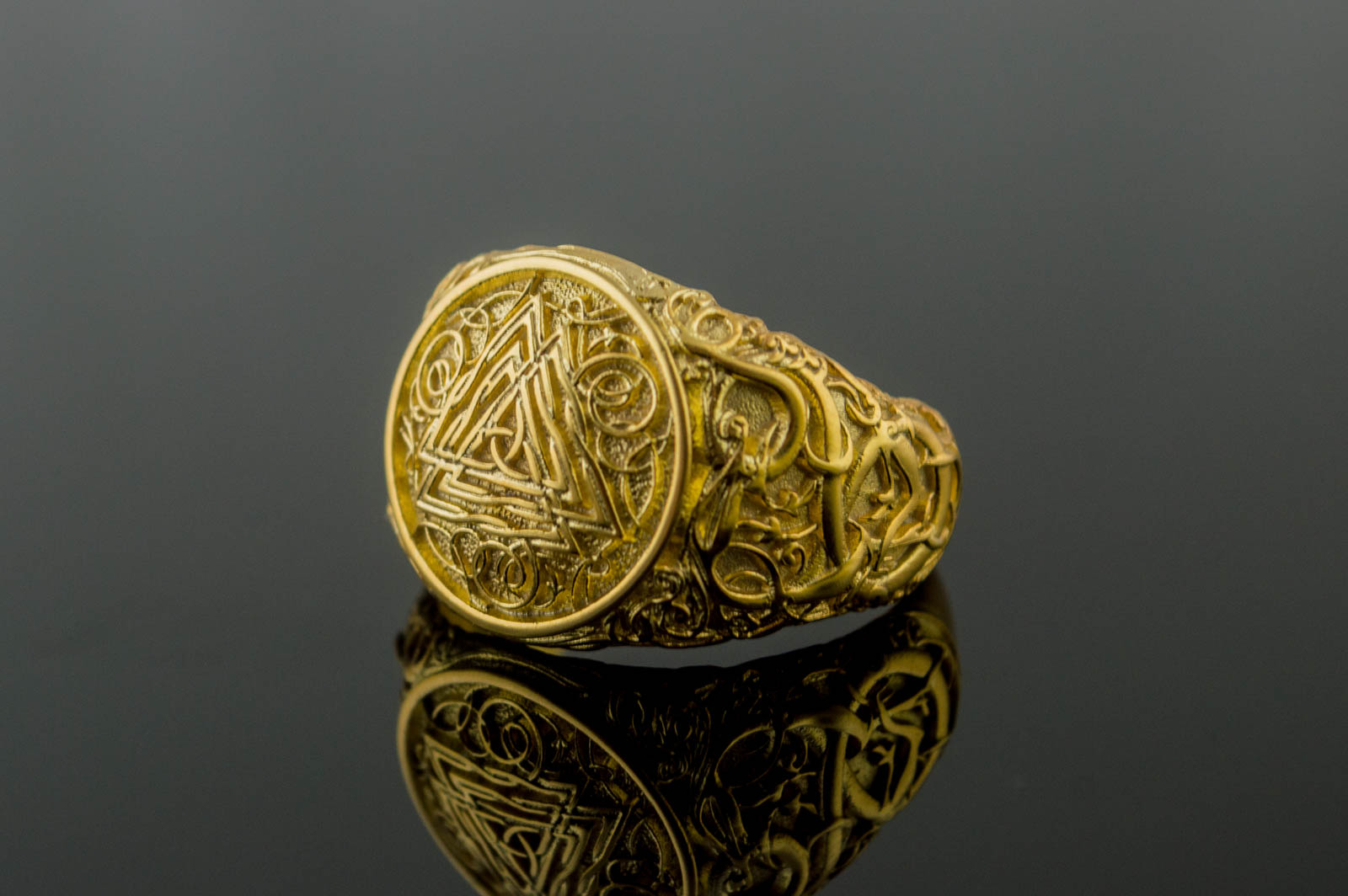 Valknut Symbol Ring with Urnes Style Gold Viking Jewelry - vikingworkshop