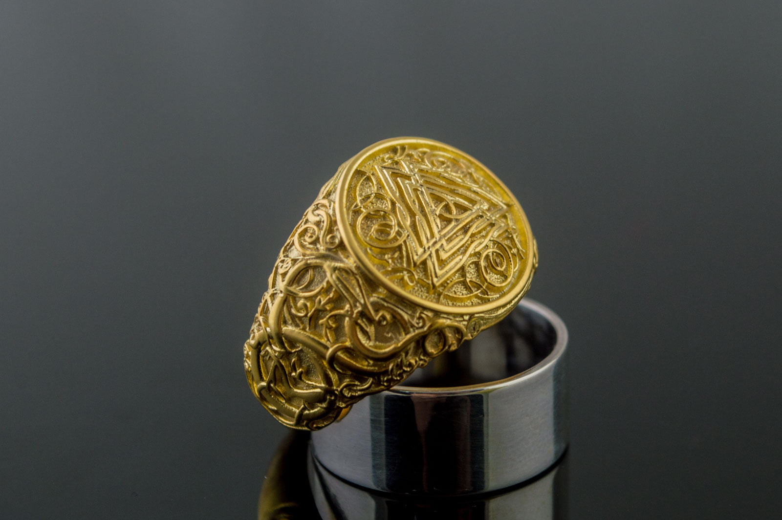 Valknut Symbol Ring with Urnes Style Gold Viking Jewelry - vikingworkshop