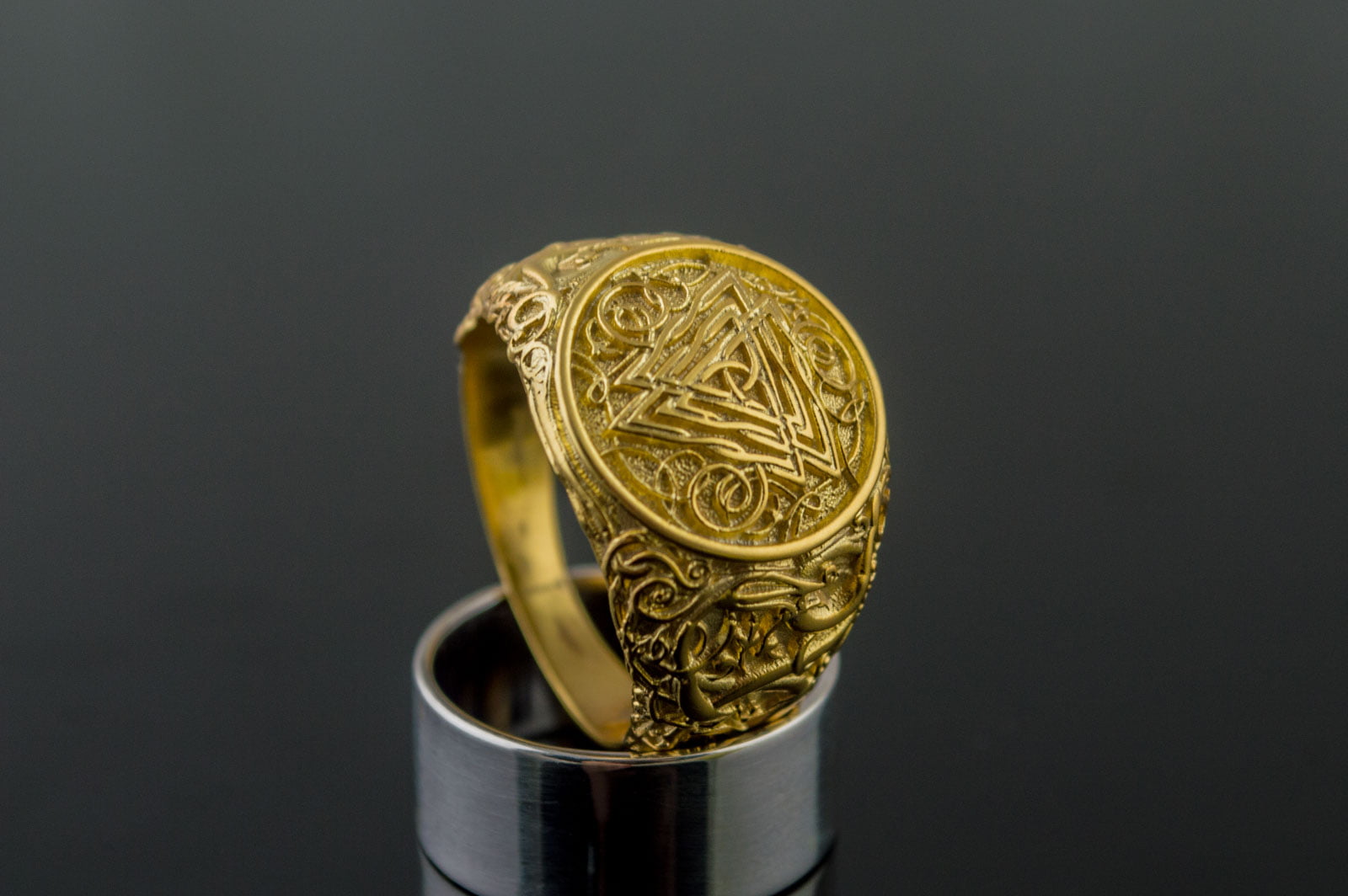 Valknut Symbol Ring with Urnes Style Gold Viking Jewelry - vikingworkshop