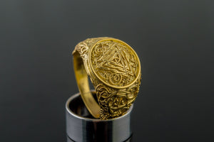 Valknut Symbol Ring with Urnes Style Gold Viking Jewelry - vikingworkshop