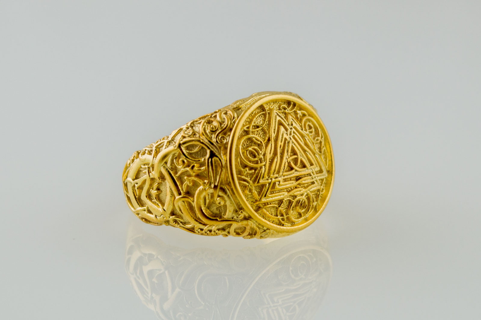 Valknut Symbol Ring with Urnes Style Gold Viking Jewelry - vikingworkshop